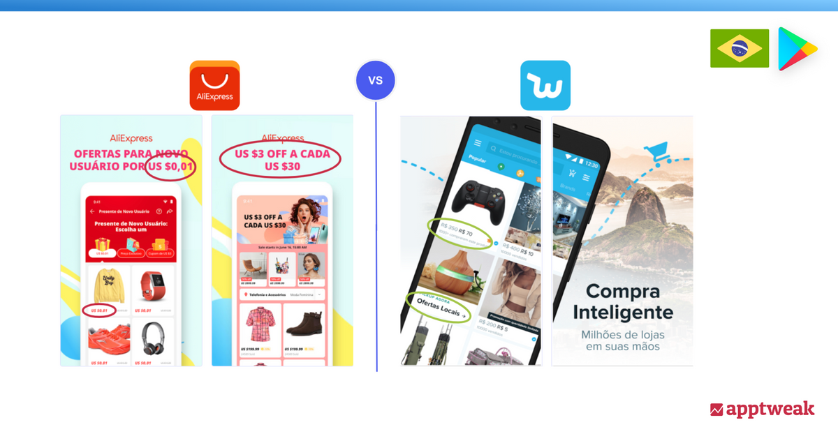 AliExpress and Wish:screenshots in the Brazilian Google Play Store, 2021